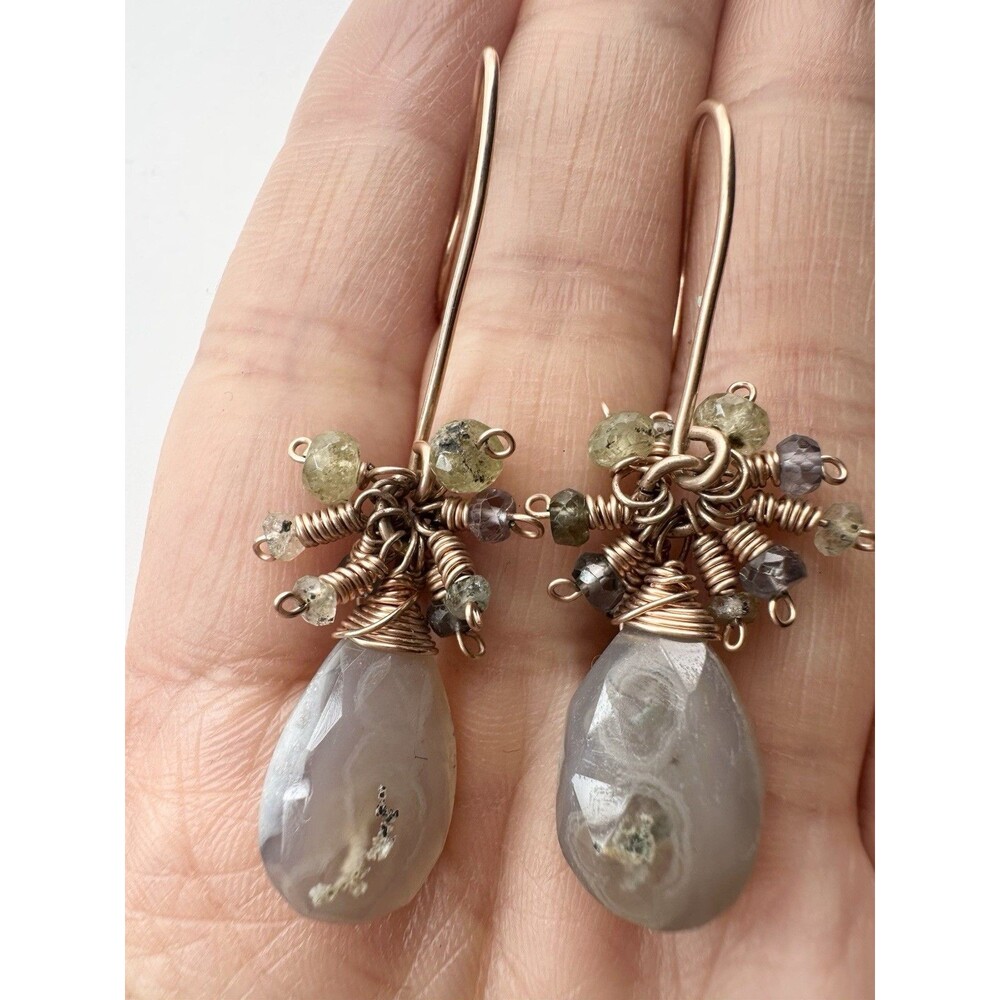 Handmade Gemstones Cluster Earrings Peridot Lace Agate